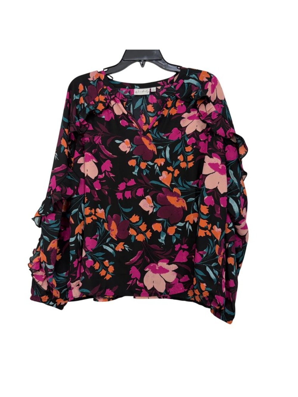Wonderly Floral Ruffle Long Sleeve Pullover Peasant Blouse Size L Pink & Orange